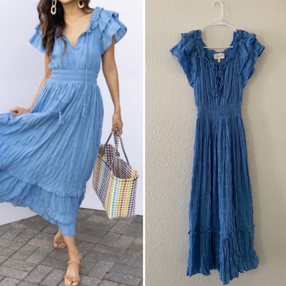 Cleobella Santana Ankle Dress Sky Blue Ruffled Dress - Picture 1 of 10